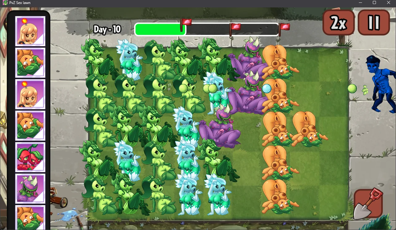Daytime defense with several columns of plants and a wave progress bar