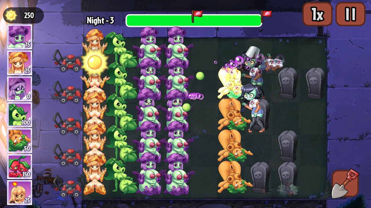Nighttime lawn with mushroom plants, blockers, and obstacles