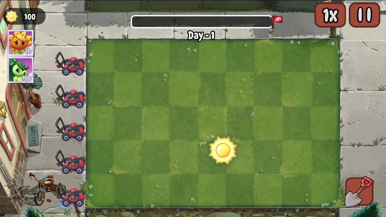 Opening daytime lawn with five empty lanes and a falling sun token
